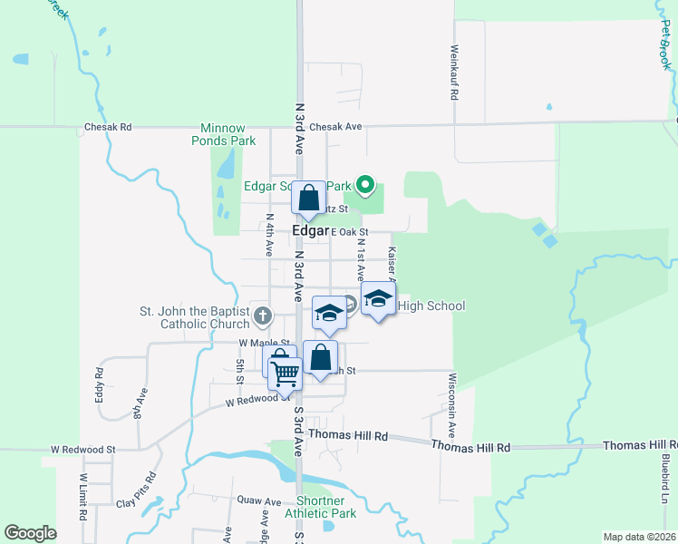 map of restaurants, bars, coffee shops, grocery stores, and more near 401 North 2nd Avenue in Edgar