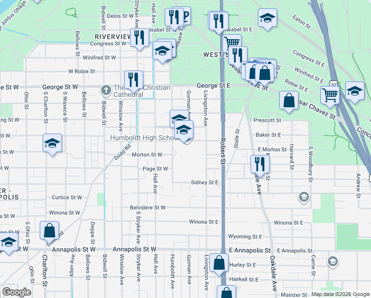 map of restaurants, bars, coffee shops, grocery stores, and more near 640 Humboldt Avenue in Saint Paul