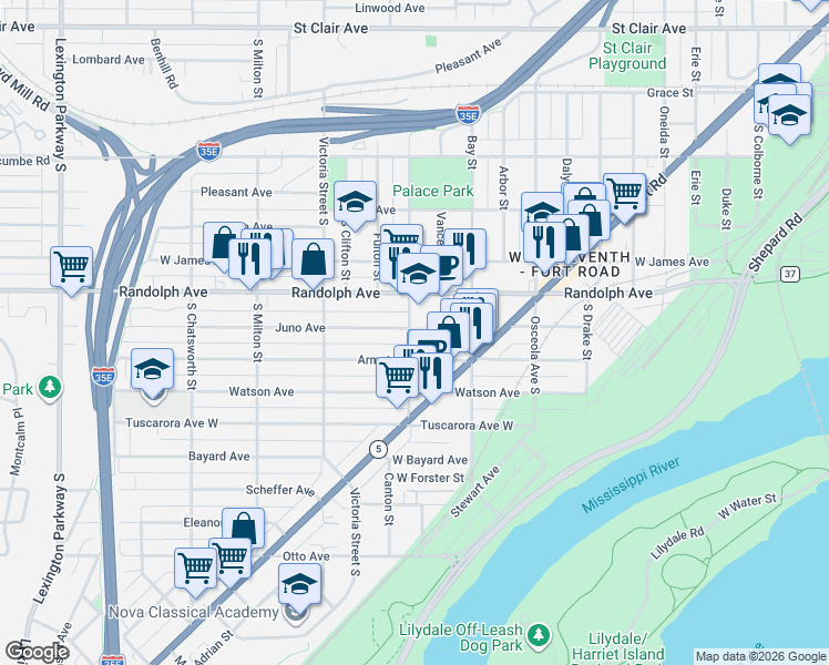 map of restaurants, bars, coffee shops, grocery stores, and more near 489 View Street in Saint Paul