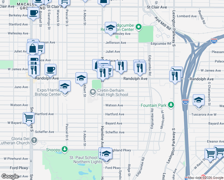 map of restaurants, bars, coffee shops, grocery stores, and more near 1333 Randolph Avenue in Saint Paul