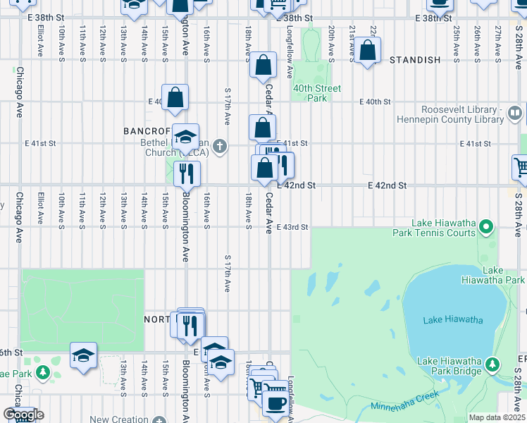 map of restaurants, bars, coffee shops, grocery stores, and more near 4204 Cedar Avenue in Minneapolis