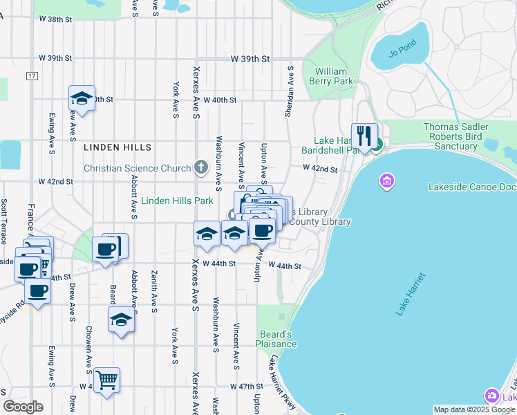 map of restaurants, bars, coffee shops, grocery stores, and more near 4208 Upton Avenue South in Minneapolis