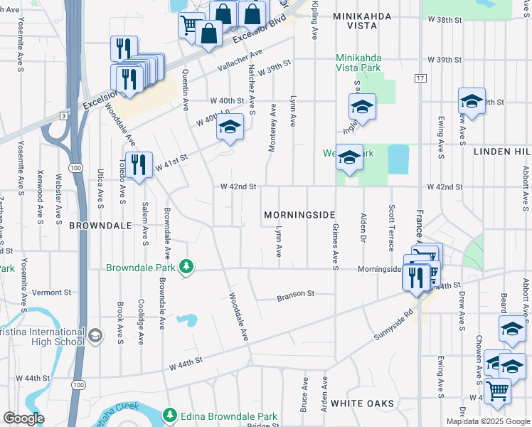 map of restaurants, bars, coffee shops, grocery stores, and more near 4204 Oakdale Avenue South in Edina