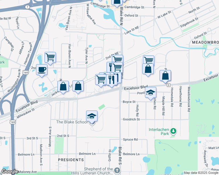map of restaurants, bars, coffee shops, grocery stores, and more near 8490 Excelsior Boulevard in Hopkins