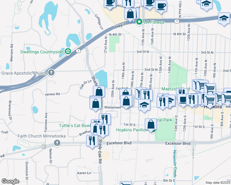 map of restaurants, bars, coffee shops, grocery stores, and more near 102 19th Avenue North in Hopkins