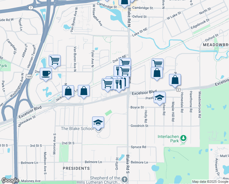 map of restaurants, bars, coffee shops, grocery stores, and more near 8594 Excelsior Boulevard in Hopkins
