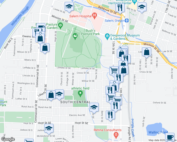 map of restaurants, bars, coffee shops, grocery stores, and more near 985 Cross Street Southeast in Salem
