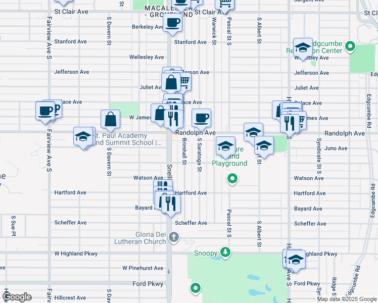 map of restaurants, bars, coffee shops, grocery stores, and more near 1532 Randolph Avenue in Saint Paul