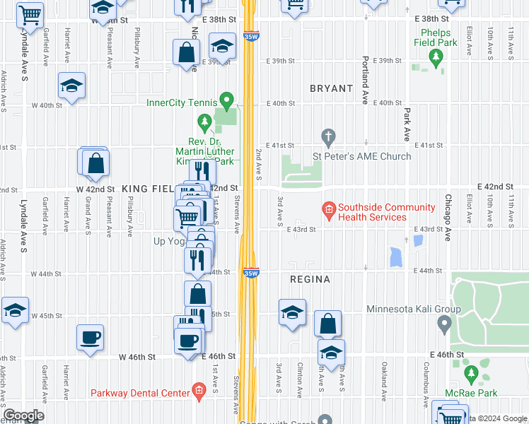 map of restaurants, bars, coffee shops, grocery stores, and more near 4231 2nd Avenue South in Minneapolis