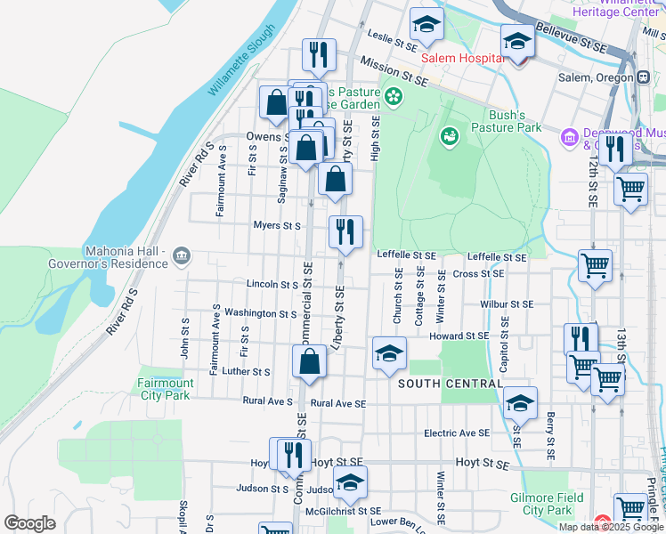 map of restaurants, bars, coffee shops, grocery stores, and more near 375 Leffelle Street South in Salem