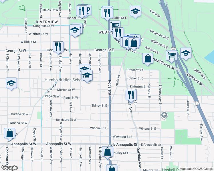 map of restaurants, bars, coffee shops, grocery stores, and more near 645 South Robert Street in Saint Paul