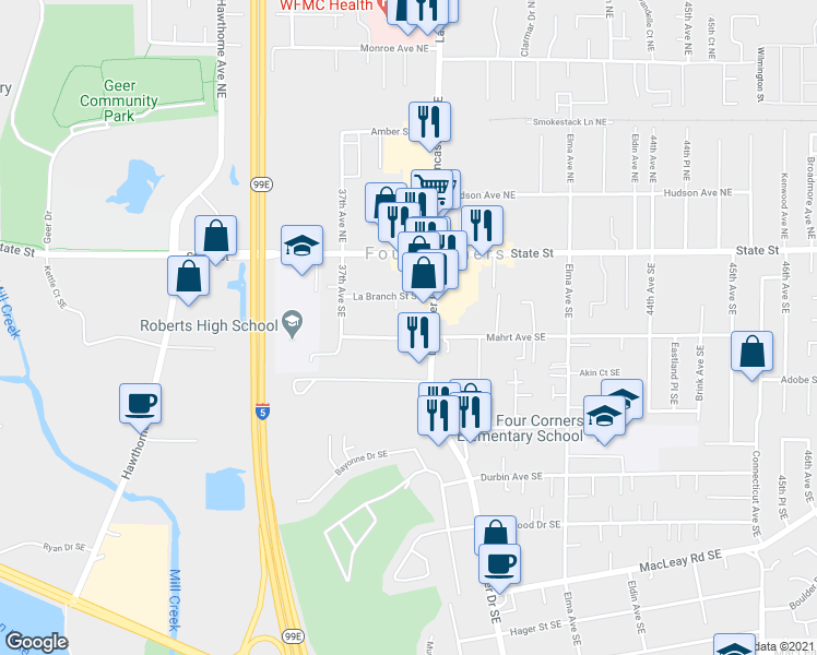 map of restaurants, bars, coffee shops, grocery stores, and more near 3830 La Branch Street Southeast in Salem