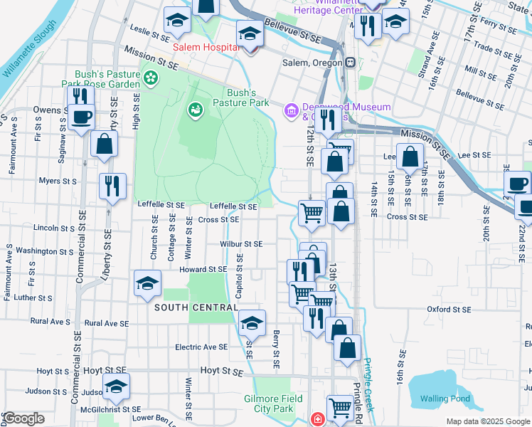 map of restaurants, bars, coffee shops, grocery stores, and more near 1101-1123 Leffelle Street Southeast in Salem