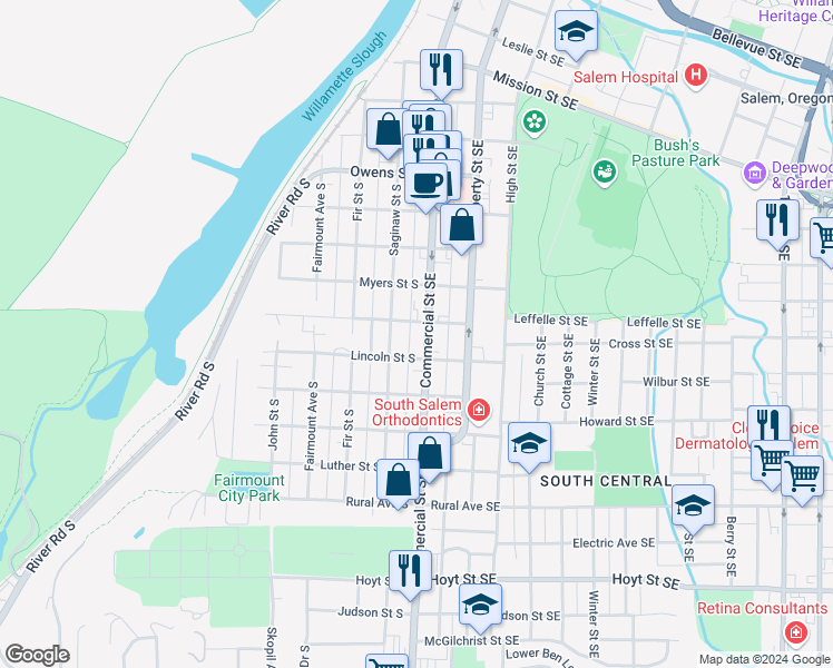 map of restaurants, bars, coffee shops, grocery stores, and more near 145 Leffelle Street South in Salem
