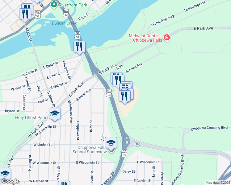 map of restaurants, bars, coffee shops, grocery stores, and more near 354 Chippewa Mall Drive in Chippewa Falls