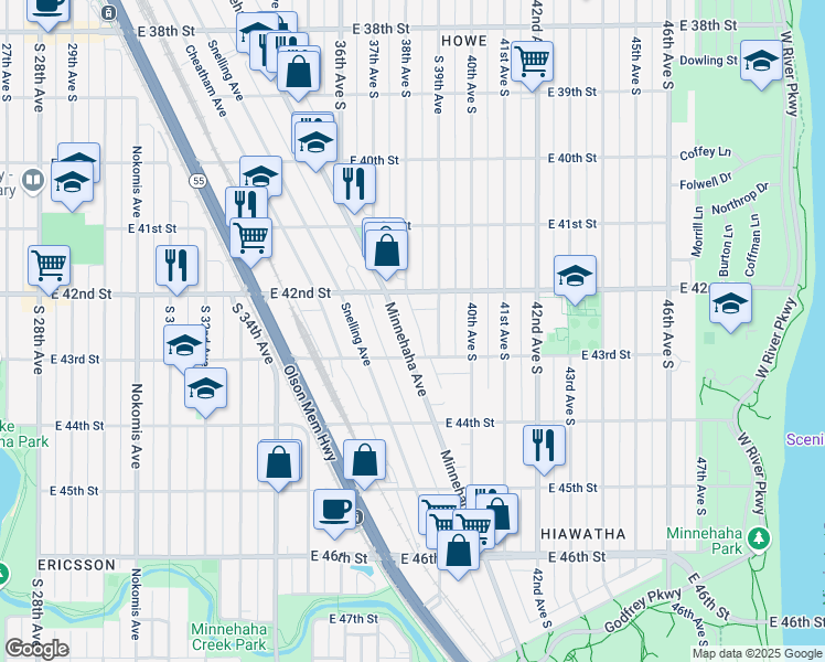 map of restaurants, bars, coffee shops, grocery stores, and more near 3819 East 42nd Street in Minneapolis