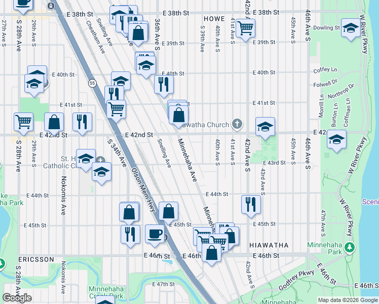 map of restaurants, bars, coffee shops, grocery stores, and more near 3819 East 42nd Street in Minneapolis