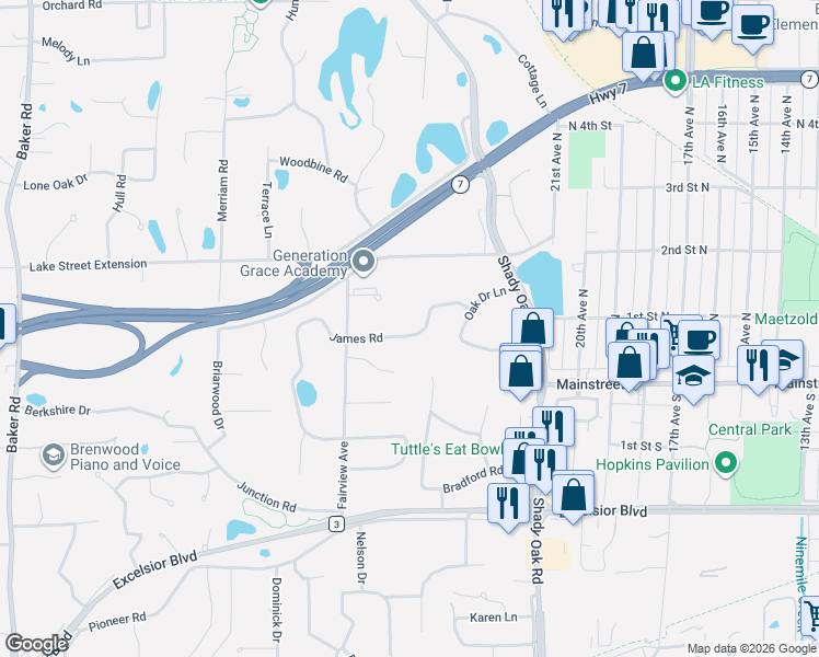 map of restaurants, bars, coffee shops, grocery stores, and more near 12001 Lake Street Extension in Hopkins
