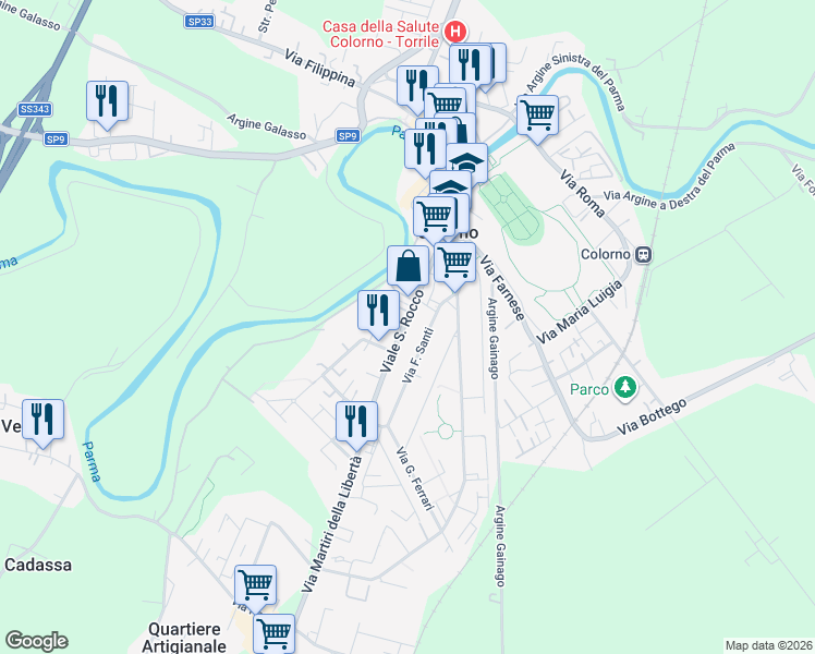 map of restaurants, bars, coffee shops, grocery stores, and more near 39 Viale San Rocco in Colorno