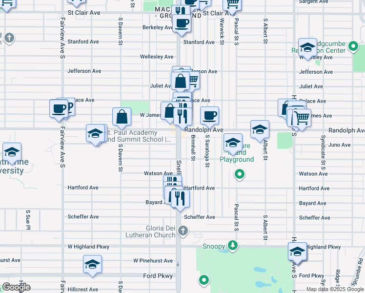 map of restaurants, bars, coffee shops, grocery stores, and more near 496 Snelling Avenue South in Saint Paul