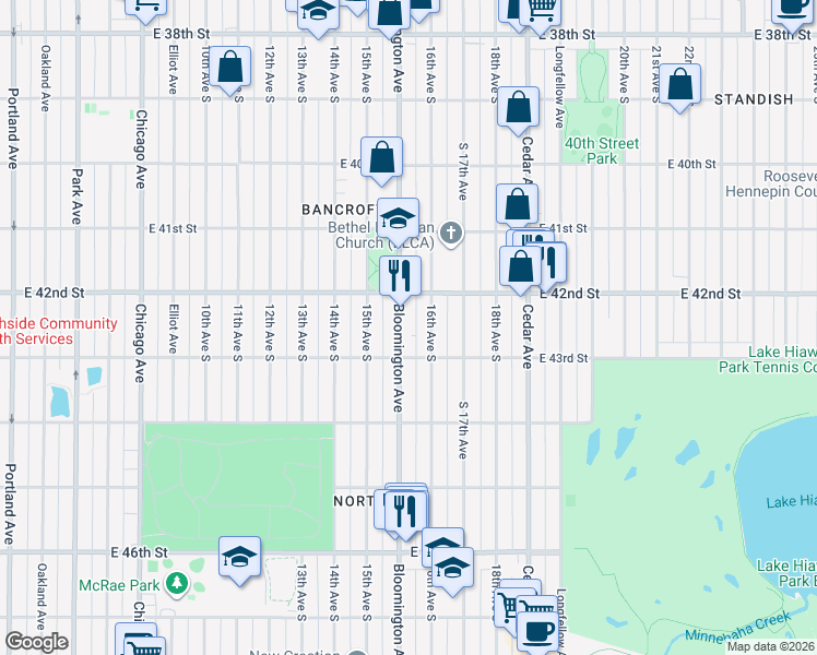 map of restaurants, bars, coffee shops, grocery stores, and more near 4211 Bloomington Avenue in Minneapolis