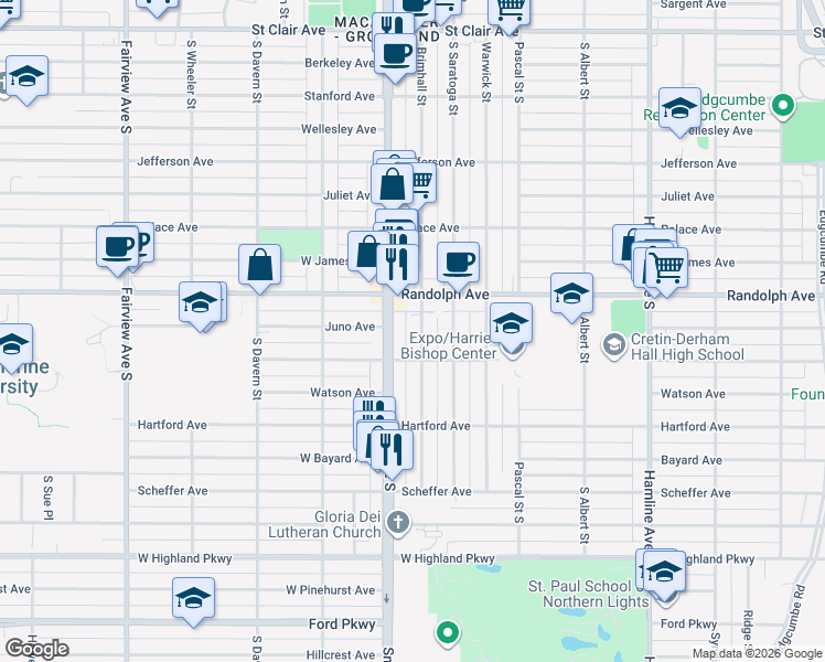 map of restaurants, bars, coffee shops, grocery stores, and more near 496 Snelling Avenue South in Saint Paul