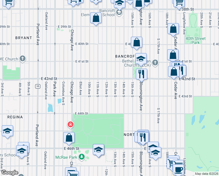 map of restaurants, bars, coffee shops, grocery stores, and more near 4212 13th Avenue South in Minneapolis