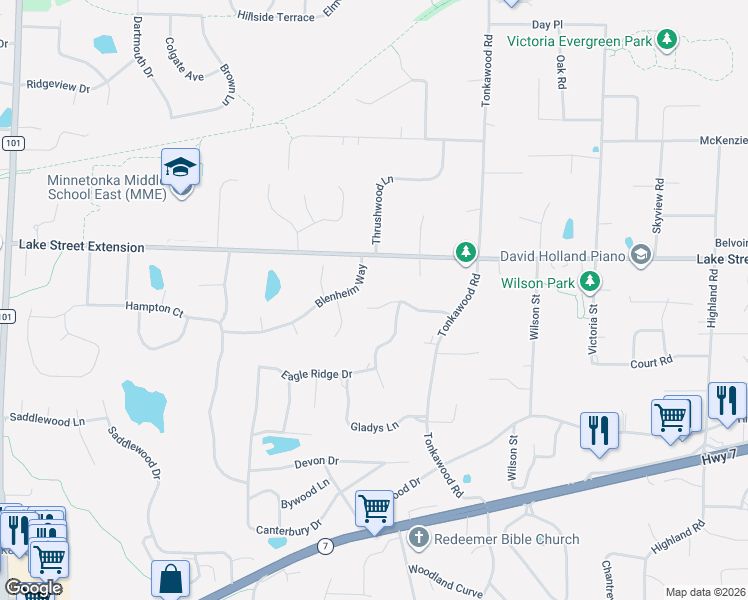 map of restaurants, bars, coffee shops, grocery stores, and more near 16311 Blenheim Way in Minnetonka