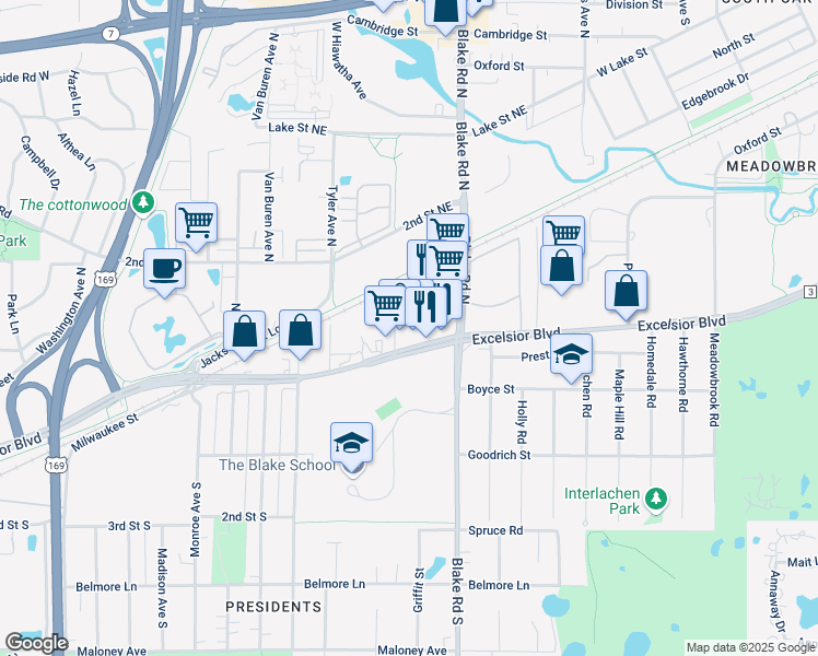 map of restaurants, bars, coffee shops, grocery stores, and more near 8490 Excelsior Boulevard in Hopkins