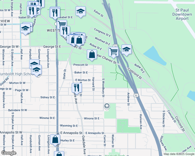 map of restaurants, bars, coffee shops, grocery stores, and more near 288 Baker Street East in Saint Paul