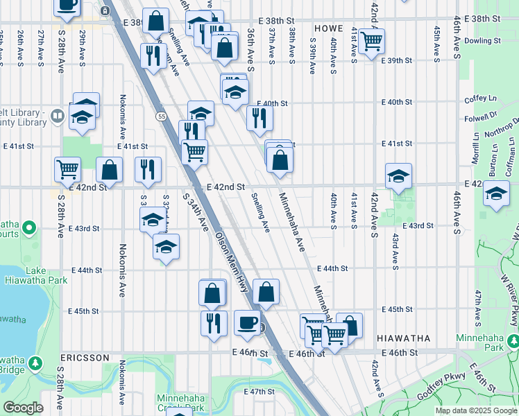 map of restaurants, bars, coffee shops, grocery stores, and more near 4210 Snelling Avenue in Minneapolis