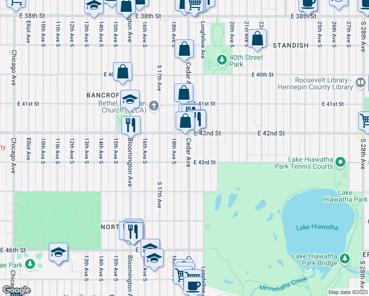 map of restaurants, bars, coffee shops, grocery stores, and more near 4204 Cedar Avenue in Minneapolis