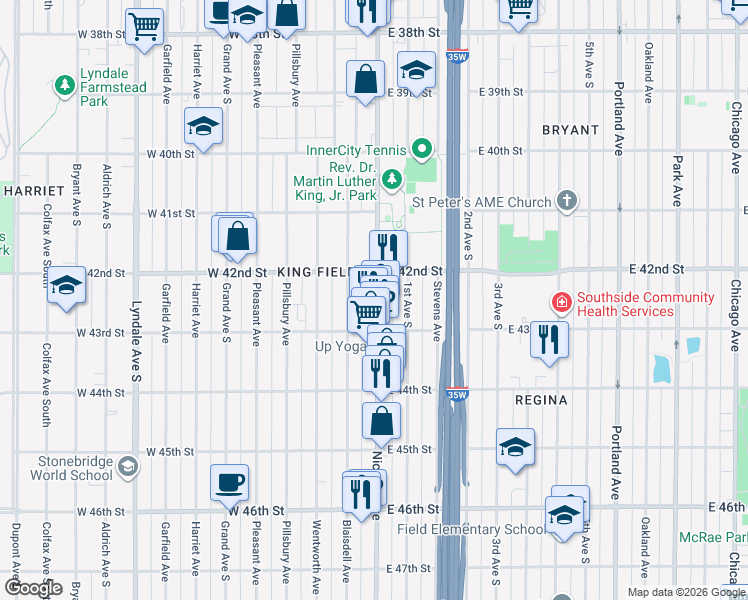 map of restaurants, bars, coffee shops, grocery stores, and more near 4201 Nicollet Avenue in Minneapolis