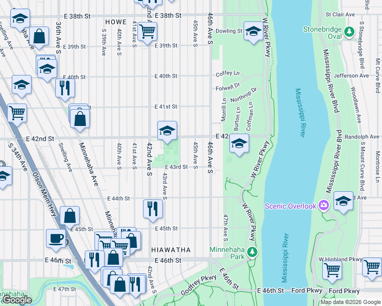 map of restaurants, bars, coffee shops, grocery stores, and more near 4213 44th Avenue South in Minneapolis