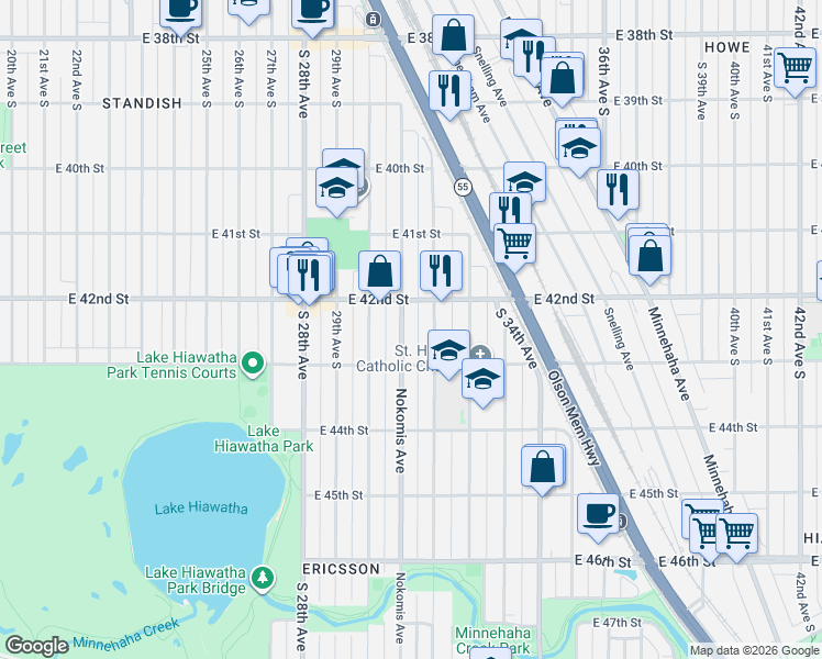 map of restaurants, bars, coffee shops, grocery stores, and more near 4209 Nokomis Avenue in Minneapolis