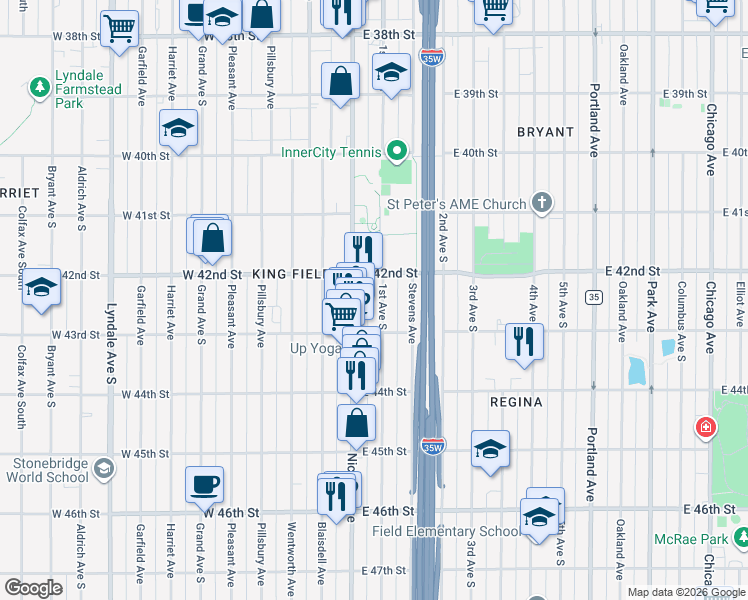 map of restaurants, bars, coffee shops, grocery stores, and more near 4201 Nicollet Avenue in Minneapolis