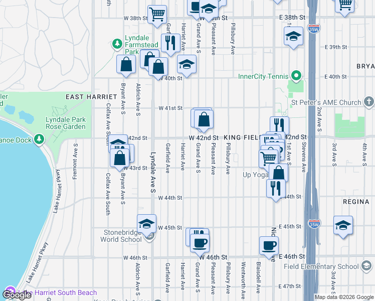 map of restaurants, bars, coffee shops, grocery stores, and more near 4206 Grand Avenue South in Minneapolis