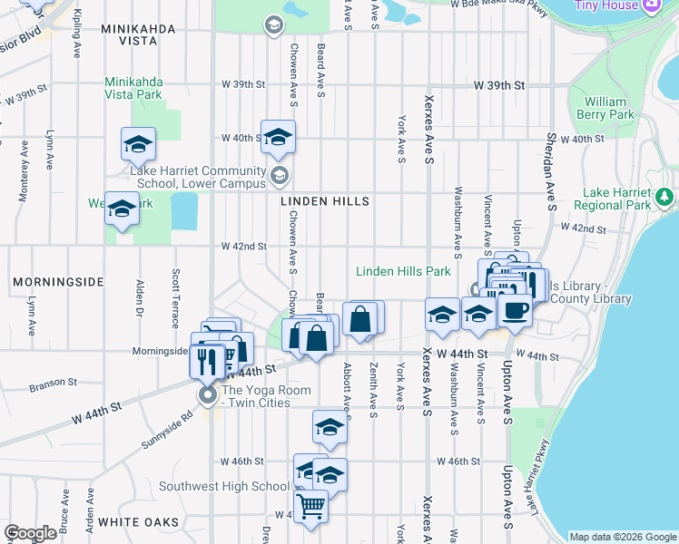 map of restaurants, bars, coffee shops, grocery stores, and more near 4207 Abbott Avenue South in Minneapolis