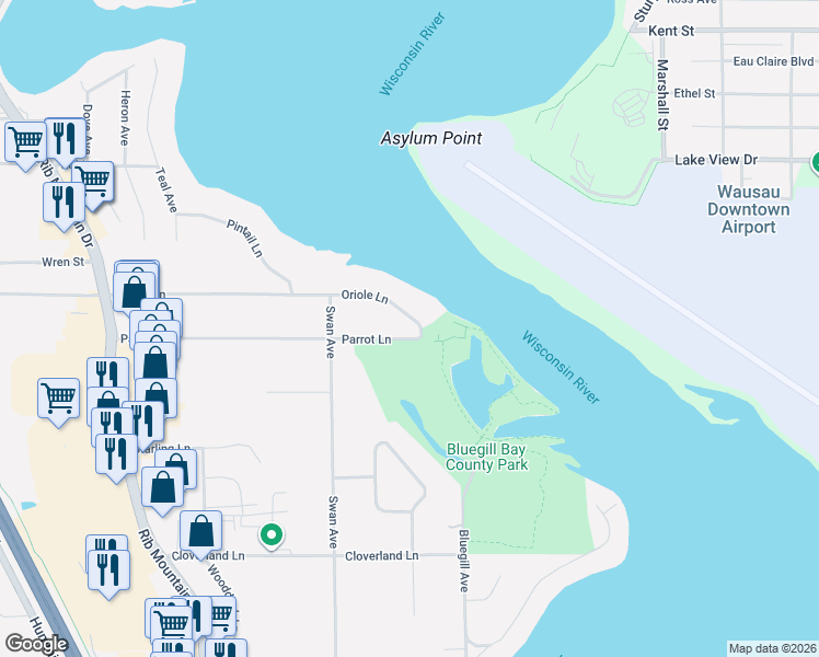 map of restaurants, bars, coffee shops, grocery stores, and more near 152972 Oriole Lane in Wausau