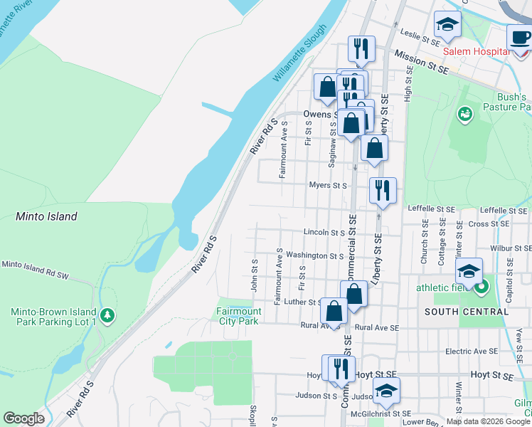 map of restaurants, bars, coffee shops, grocery stores, and more near 460 Leffelle Street South in Salem