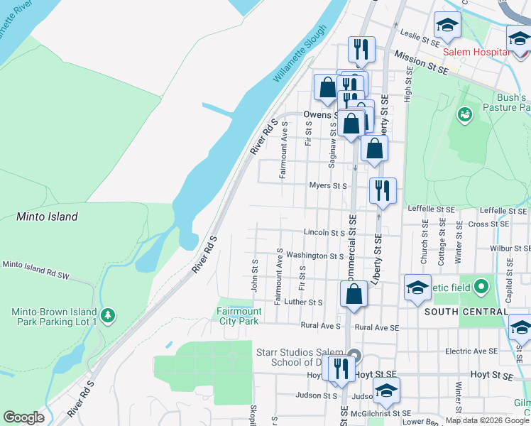 map of restaurants, bars, coffee shops, grocery stores, and more near 460 Leffelle Street South in Salem