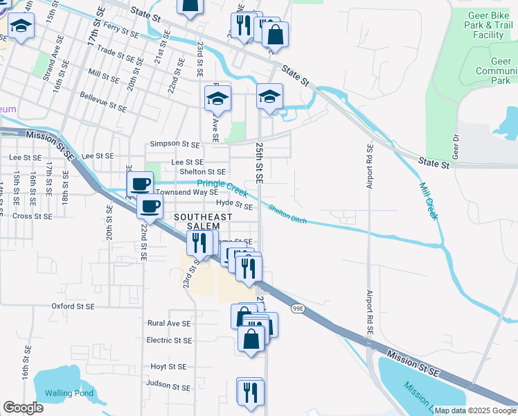 map of restaurants, bars, coffee shops, grocery stores, and more near 2499 Hyde Street Southeast in Salem