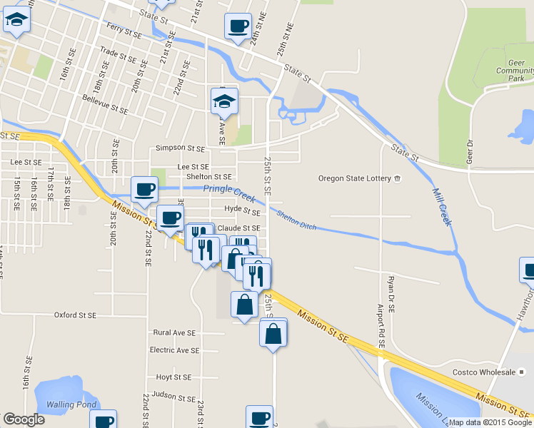 map of restaurants, bars, coffee shops, grocery stores, and more near 25th St SE & Hyde St SE in Salem