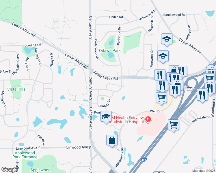 map of restaurants, bars, coffee shops, grocery stores, and more near 1550 Parkwood Drive in Woodbury