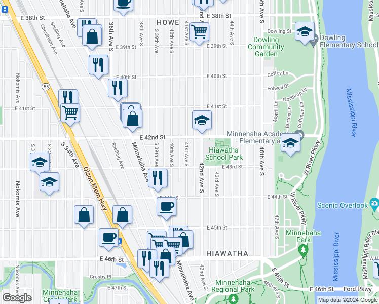 map of restaurants, bars, coffee shops, grocery stores, and more near 4216 41st Avenue South in Minneapolis
