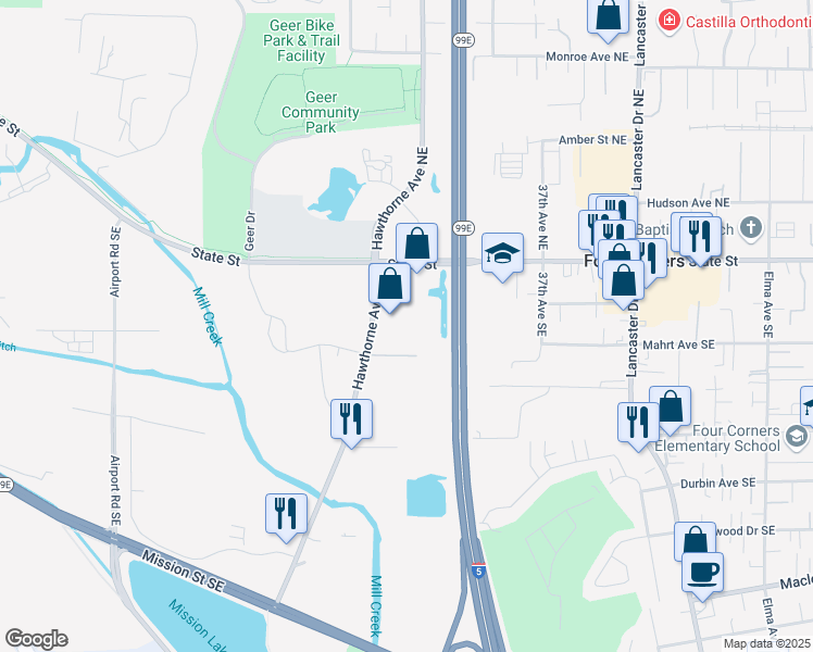 map of restaurants, bars, coffee shops, grocery stores, and more near 200 Hawthorne Avenue Southeast in Salem
