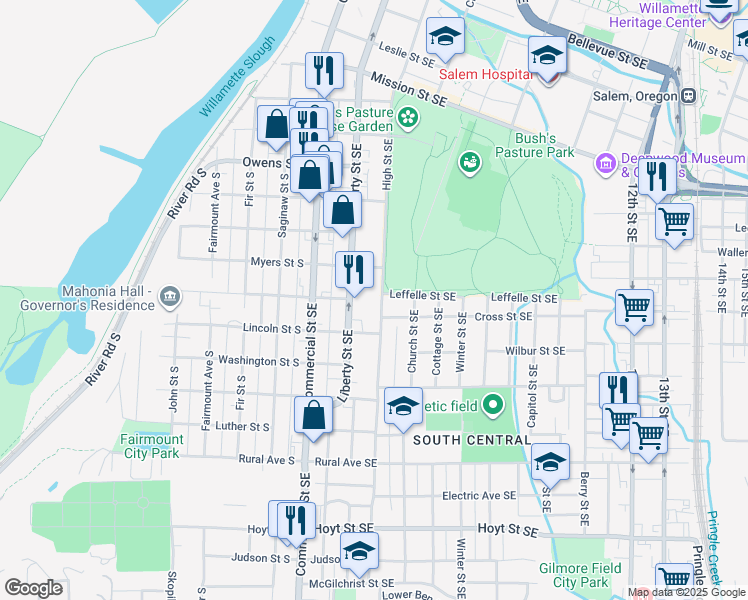 map of restaurants, bars, coffee shops, grocery stores, and more near 1505 High Street Southeast in Salem