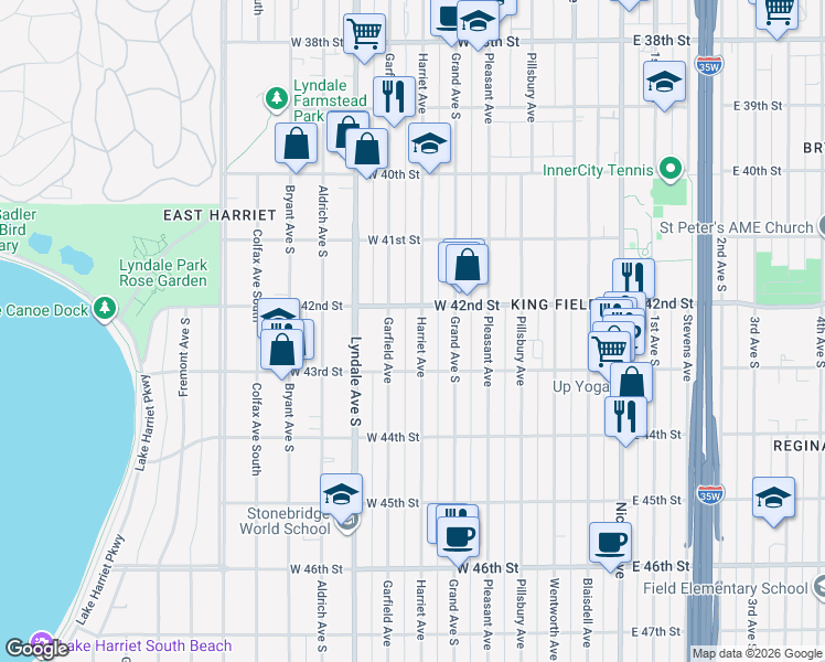 map of restaurants, bars, coffee shops, grocery stores, and more near 4209 Garfield Avenue in Minneapolis