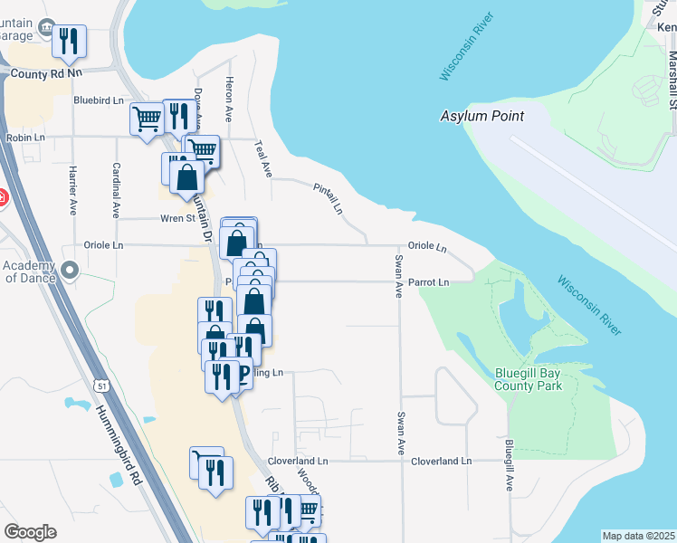 map of restaurants, bars, coffee shops, grocery stores, and more near 1000 Parrot Lane in Wausau