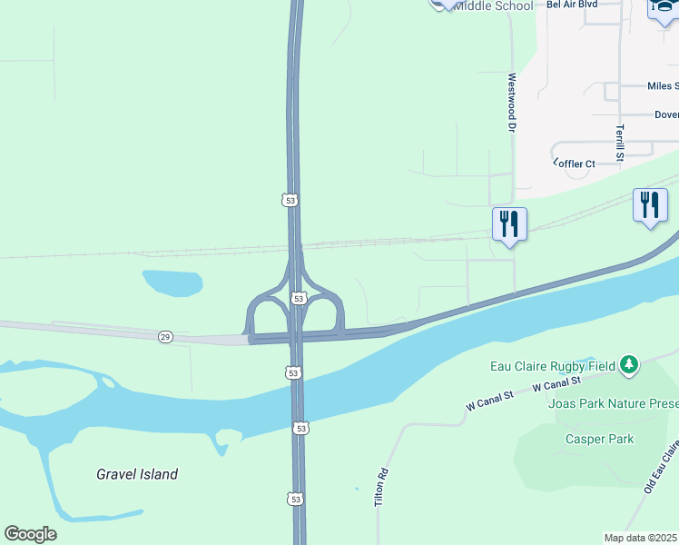 map of restaurants, bars, coffee shops, grocery stores, and more near 110 Sunshine Circle in Chippewa Falls
